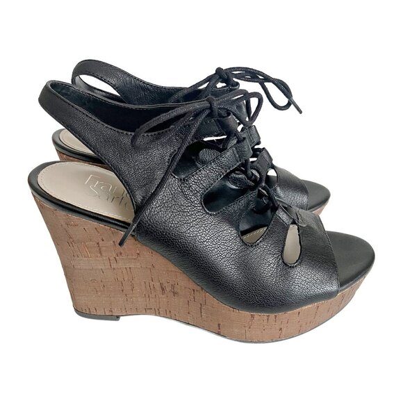 Franco Sarto Sunitha Black Leather Lace Up Wedge Sandal - Size 6 - Picture 3 of 11